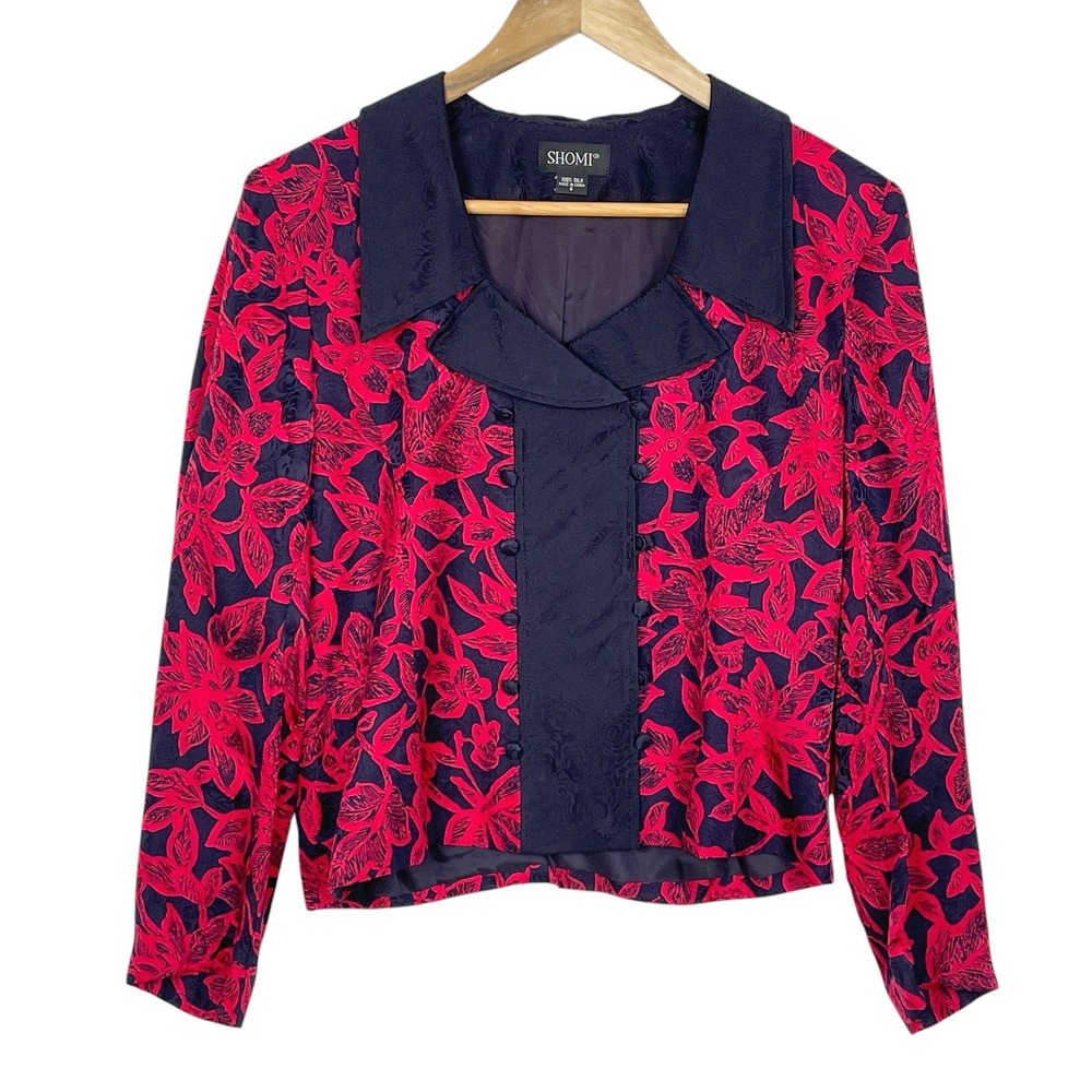 SHOMI Womens Red‎ Blue Floral 100% Silk Jacquard Blazer 6 Jacket Elegant Evening